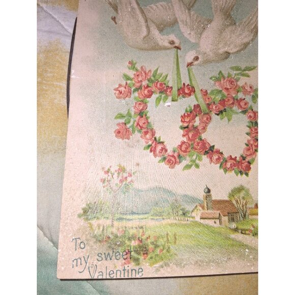 Vintage Valentine Card With Doves & Rose Wreath Design - Picture 3 of 10